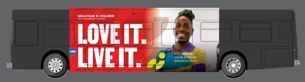 Advertising mockup of a CTA bus featuring a photo of Kye Adams.