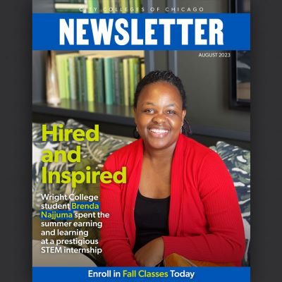 Cover of City Colleges' August newsletter featuring a student and the title "Hired and Inspired."